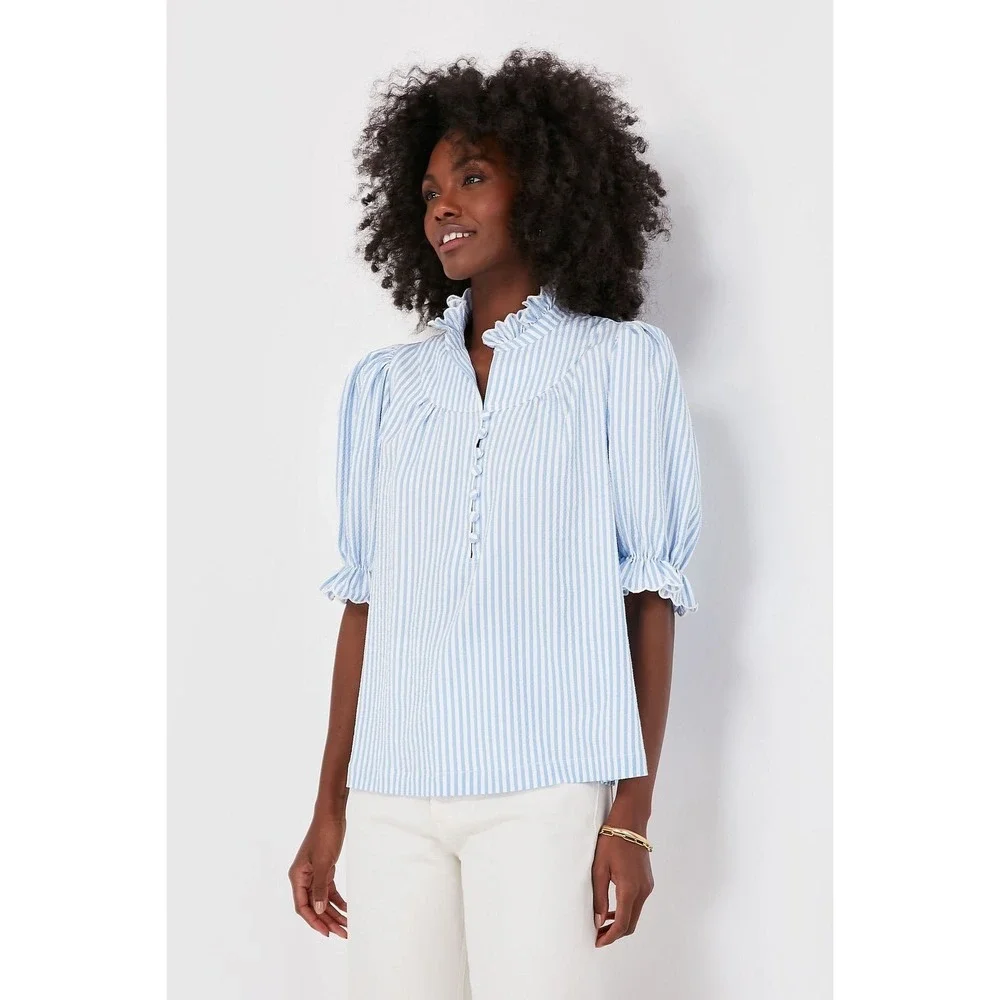 Pomander Place Selena Blouse Blue White Stripe Seersucker Puff Sleeve Top S NWOT